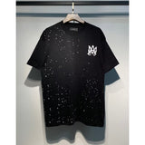 [gram] am flow paint graffiti letter starry sky classic logo print short sleeve couple t-shirt