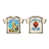 High-quality american first row virgin direct injection retro hot diamond washed and distressed short-sleeved couple t