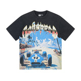 Cross-border gs american high street washed retro skull racing machine girl printing short-sleeved fashion