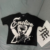Wholesale american streetwear mixed emotion hotfix rhinestone print short sleeve t-shirt, hoodie, sweatpants, and jacket set