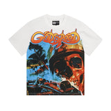 Cross-border gs american high street washed retro skull racing machine girl printing short-sleeved fashion