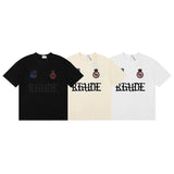 Rhude T Shirts Gothic Letter Badge Printing Cotton Casual Crew Neck Short Sleeve Men and Women