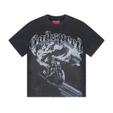Cross-border gs american high street washed retro skull racing machine girl printing short-sleeved fashion