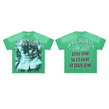 High-quality american first row virgin direct injection retro hot diamond washed and distressed short-sleeved couple t