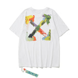 Wholesale off short sleeve ow dissolved arrow gradient starry sky splash ink t-shirt yellow tape warning line love