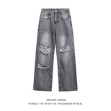 Unisex Jeans Hiphop Loose Straight Ripped Casual Versatile Jeans