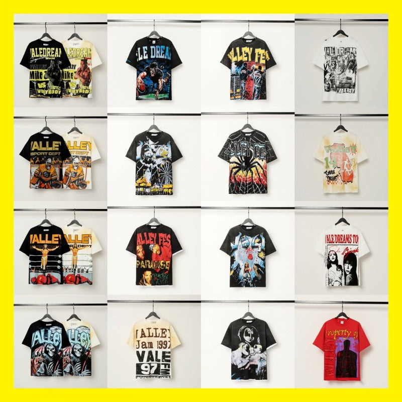 valley washed distressed printed short-sleeved hip-hop loose street t-shirt hooded
