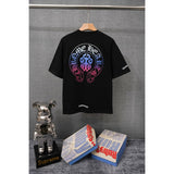 authentic edition chest pocket cross gradient horseshoe flower print short sleeve couple t-shirt