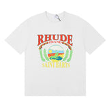 Rhude T Shirts Sunset Beach Pattern Printed Cotton Casual Short Sleeves Men and Women