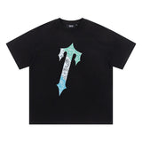 trap gradient letter tiger head short sleeve european and american high street trap star printing t-shirt loose s