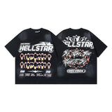 Ss american skull washed and distressed letter loose plus size short sleeve streetwear t-shirt - men's trendy style