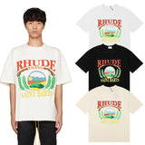 Rhude T Shirts Sunset Beach Pattern Printed Cotton Casual Short Sleeves Men and Women