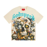 European and american high street gd rock heavy industry washed distressed skull letter speed short sleeve