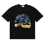 Rhude T Shirts Beach Coconut House Printed Cotton Casual Crew Neck Short Sleeve Men and Women
