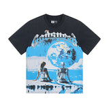 European and american high street gd rock heavy industry washed distressed skull letter speed short sleeve