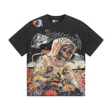 Cross-border gs american high street washed retro skull racing machine girl printing short-sleeved fashion