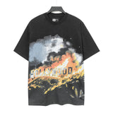 Cross-border wholesale high version gods short-sleeved heavy weight washed fog high street skull pure cotton printed round