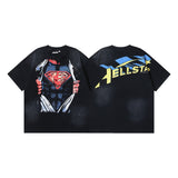 Ss american skull washed and distressed letter loose plus size short sleeve streetwear t-shirt - men's trendy style