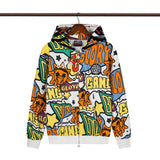 streetwear zip hoodie cartoon letter print zip-up sweatshirt and pants camouflage set