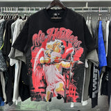 Meichao life husters masked tattoo angel print hotfix rhinestone lettering oversized casual short sleeve t-shirt