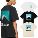 Rhude T Shirts Blue Sunset Print Cotton Casual Short Sleeve Men and Women