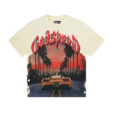 Cross-border gs american high street washed retro skull racing machine girl printing short-sleeved fashion