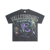American retro valeforever washed & distressed hotfix rhinestone cotton shorts high street hooded sweatshirt