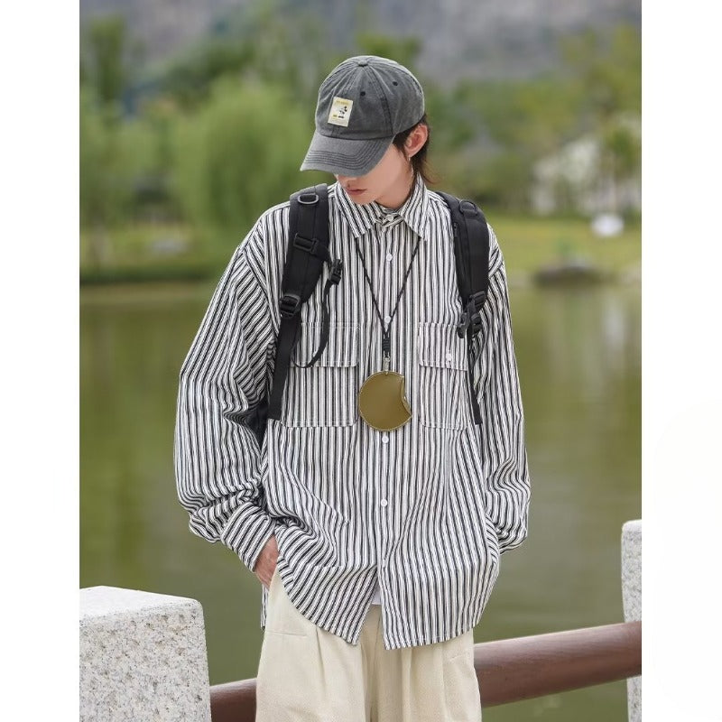 Unisex Baseball Jersey Vertical Striped Shirt Vintage Loose Couple Lining Clothes