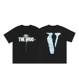 Cross-border supply large v letter lne cherry blossom short half-sleeve sketch embroidery lip print graffiti print short