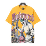gods short-sleeved heavy weight washed fog high street rock band skull pure cottonprinting t-shirt