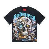 European and american high street gd rock heavy industry washed distressed skull letter speed short sleeve