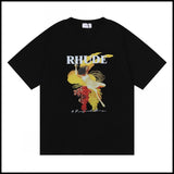 Export wholesale niche american fashion rhu flag floralsprinting double yarn pure cottoncasualloose couple short-sleeved t