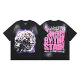 Ss american skull washed and distressed letter loose plus size short sleeve streetwear t-shirt - men's trendy style