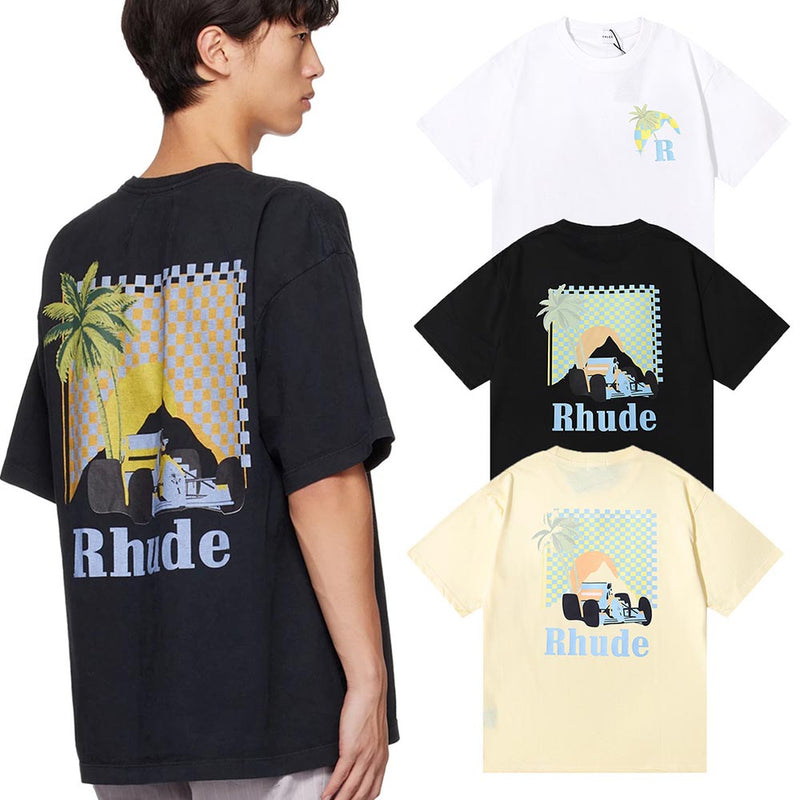 Rhude T Shirts Coconut Racing Printed Cotton Casual Short Sleeves Men and Women