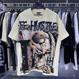 Meichao life husters masked tattoo angel print hotfix rhinestone lettering oversized casual short sleeve t-shirt