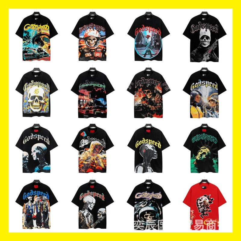 high version gods short sleeve heavy weight washed fog high street skull pure cottonprinting round