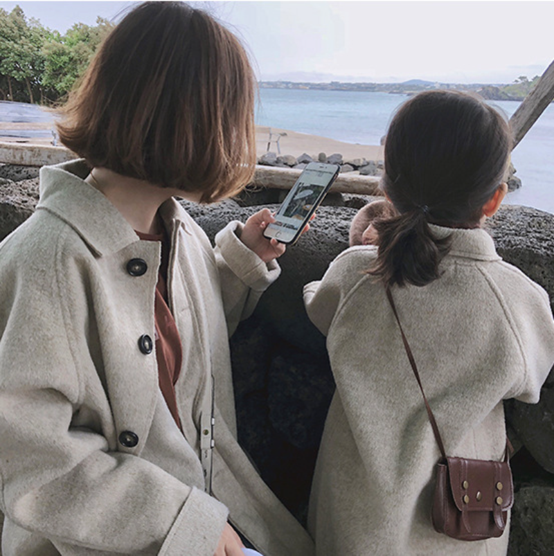 Girl Jacket Mother-Daughter Matching Outfit Reversible Woolen Coat Thick Coat