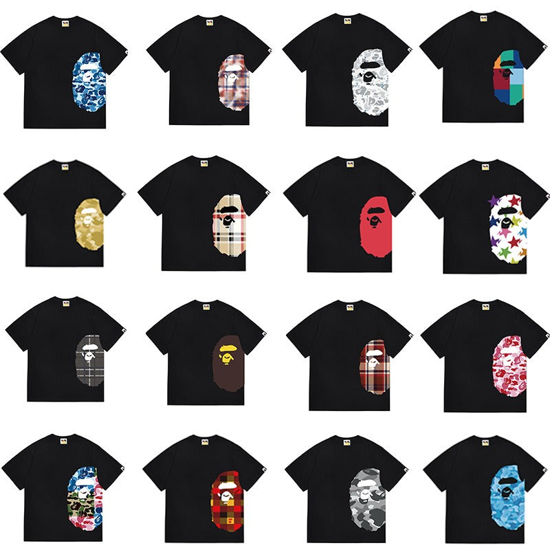 Wholesale japanese style side plaid camo ape head short sleeve color block trendy t-shirt for summer