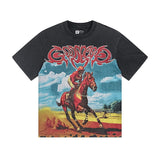 Cross-border gs american high street washed retro skull racing machine girl printing short-sleeved fashion
