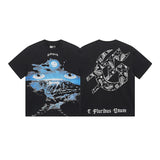 European and american high street gd rock heavy industry washed distressed skull letter speed short sleeve