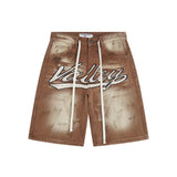 American retro valeforever washed distressed hotfix rhinestone ripped denim shorts - high street style