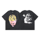 Ss american skull washed and distressed letter loose plus size short sleeve streetwear t-shirt - men's trendy style