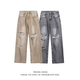 Unisex Jeans Hiphop Loose Straight Ripped Casual Versatile Jeans