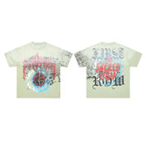 High-quality american first row virgin direct injection retro hot diamond washed and distressed short-sleeved couple t