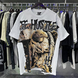 Meichao life husters masked tattoo angel print hotfix rhinestone lettering oversized casual short sleeve t-shirt
