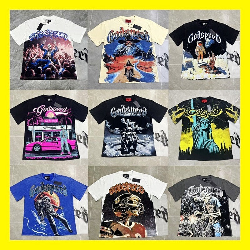 Cross-border foreign trade high version gods short-sleeved heavy weight washed fog high street skull pure cotton printed round