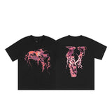 Cross-border supply large v letter lne cherry blossom short half-sleeve sketch embroidery lip print graffiti print short