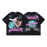 Ss american skull washed and distressed letter loose plus size short sleeve streetwear t-shirt - men's trendy style