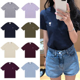 Ami clams embroidered heart color block crew neck short sleeve loose fit cotton t-shirt summer top
