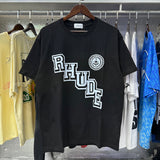 Rhude T Shirts College Badge Printed Cotton Casual Short Sleeve Men and Women